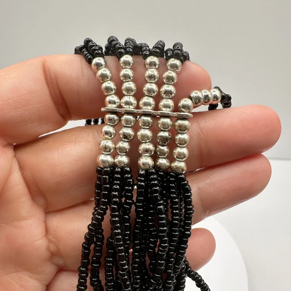 Vintage Y2K Black Beaded Multi-Strand Bracelet Silver‎ Tone Statement Jewelry